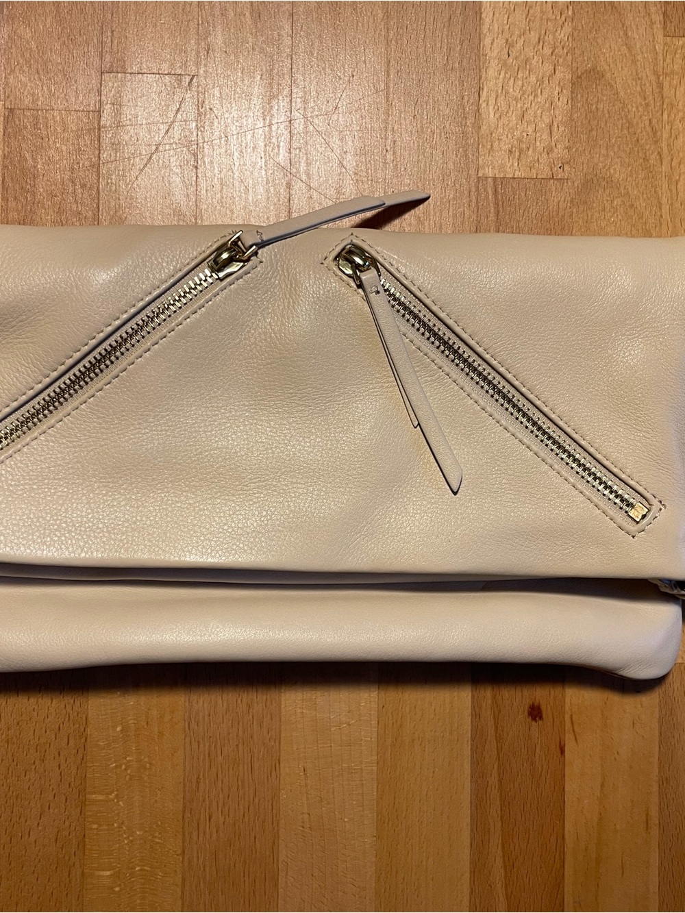 Cream Fold-Over Leather Clutch with Zip Accent